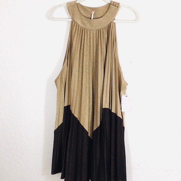 NWT Free People Gold Pleated Mini Love Dress M - Picture 5 of 8